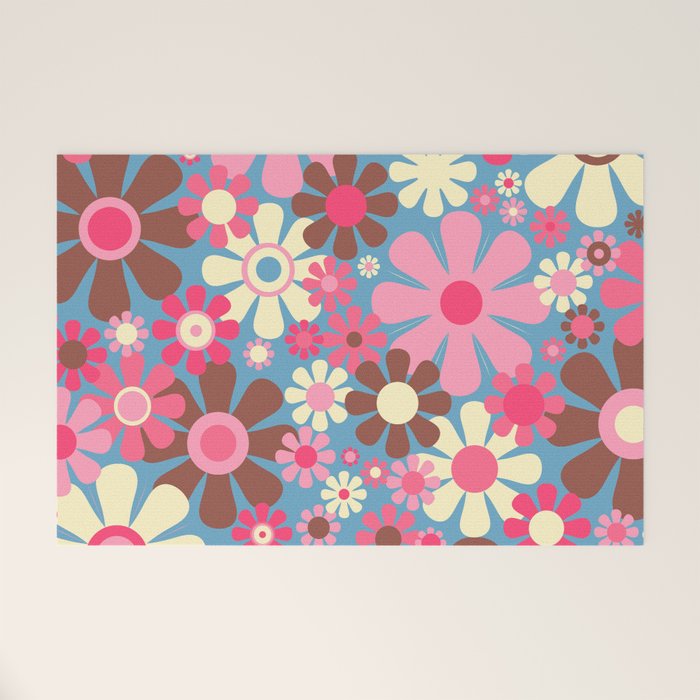 Groovy Retro Floral Garden 60s 70s Pattern in Cheerful Pink Brown and Blue Welcome Mat Gallery Image 1