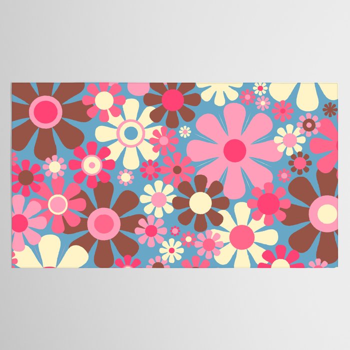 Groovy Retro Floral Garden 60s 70s Pattern in Cheerful Pink Brown and Blue Tablecloth Gallery Image 2