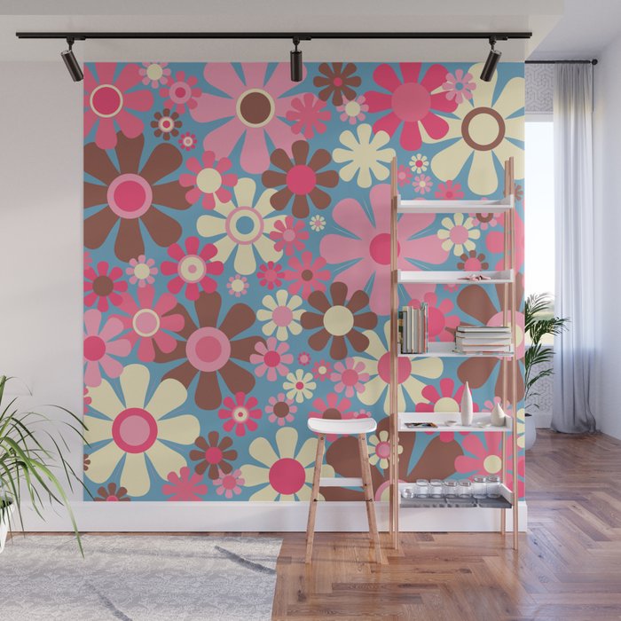 Groovy Retro Floral Garden 60s 70s Pattern in Cheerful Pink Brown and Blue Wall Mural Gallery Image 1