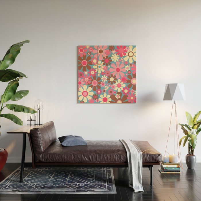 Groovy Retro Floral Garden 60s 70s Pattern in Cheerful Pink Brown and Blue Wood Wall Art Gallery Image 2