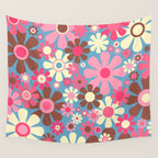 Groovy Retro Floral Garden 60s 70s Pattern in Cheerful Pink Brown and Blue Wall Tapestry Gallery Image 4