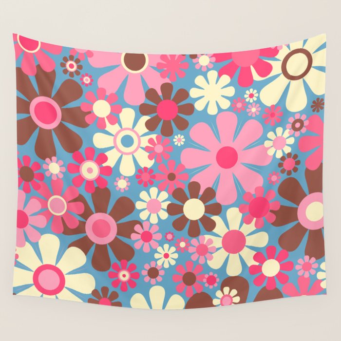 Groovy Retro Floral Garden 60s 70s Pattern in Cheerful Pink Brown and Blue Wall Tapestry Gallery Image 4
