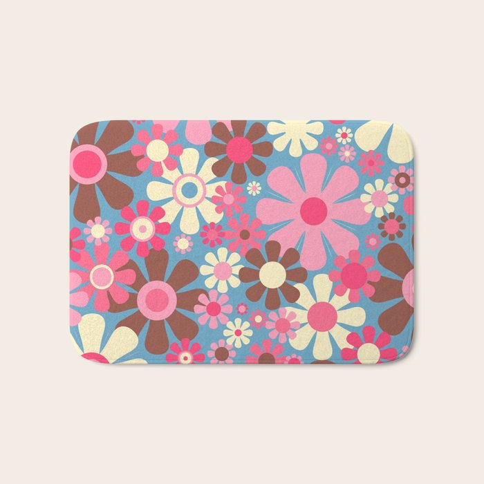 Groovy Retro Floral Garden 60s 70s Pattern in Cheerful Pink Brown and Blue Bath Mat Gallery Image 1