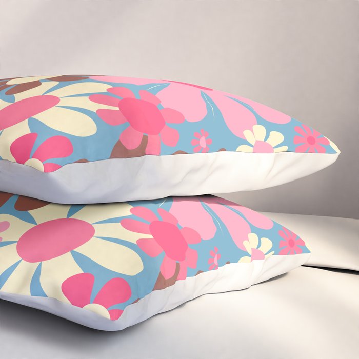 Groovy Retro Floral Garden 60s 70s Pattern in Cheerful Pink Brown and Blue Pillow Sham Gallery Image 3