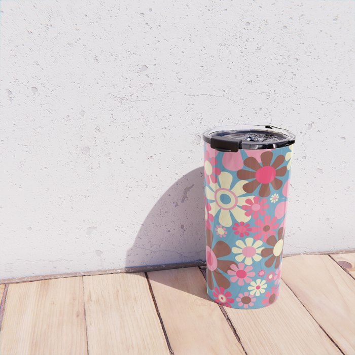 Groovy Retro Floral Garden 60s 70s Pattern in Cheerful Pink Brown and Blue Travel Mug Gallery Image 4