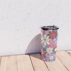 Groovy Retro Floral Garden 60s 70s Pattern in Cheerful Pink Brown and Blue Travel Mug Gallery Image 4