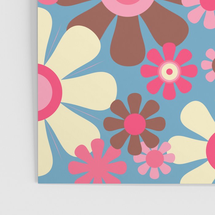 Groovy Retro Floral Garden 60s 70s Pattern in Cheerful Pink Brown and Blue Poster Gallery Image 3