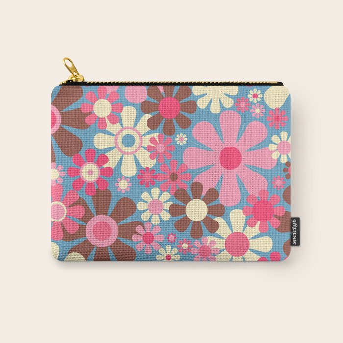 Groovy Retro Floral Garden 60s 70s Pattern in Cheerful Pink Brown and Blue Carry All Pouch Gallery Image 1