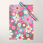 Groovy Retro Floral Garden 60s 70s Pattern in Cheerful Pink Brown and Blue Wrapping Paper Gallery Image 1