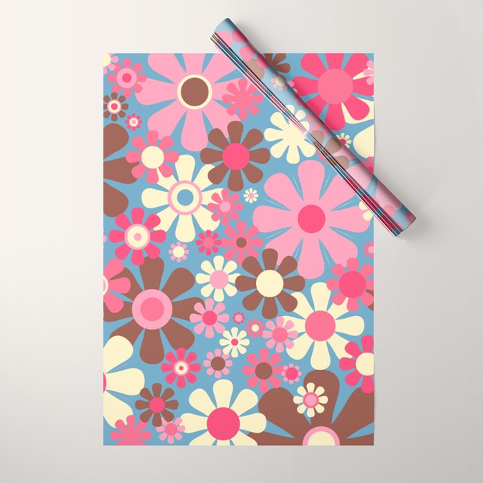 Groovy Retro Floral Garden 60s 70s Pattern in Cheerful Pink Brown and Blue Wrapping Paper Gallery Image 1