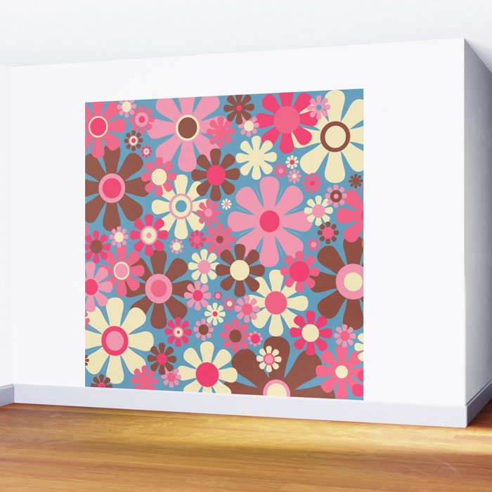 Groovy Retro Floral Garden 60s 70s Pattern in Cheerful Pink Brown and Blue Wall Mural Gallery Image 2