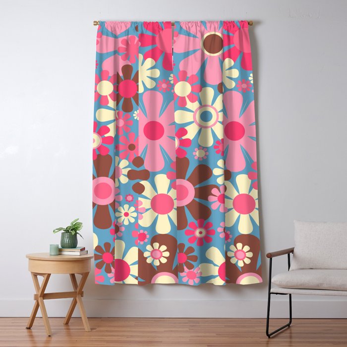 Groovy Retro Floral Garden 60s 70s Pattern in Cheerful Pink Brown and Blue Window Curtain Gallery Image 1