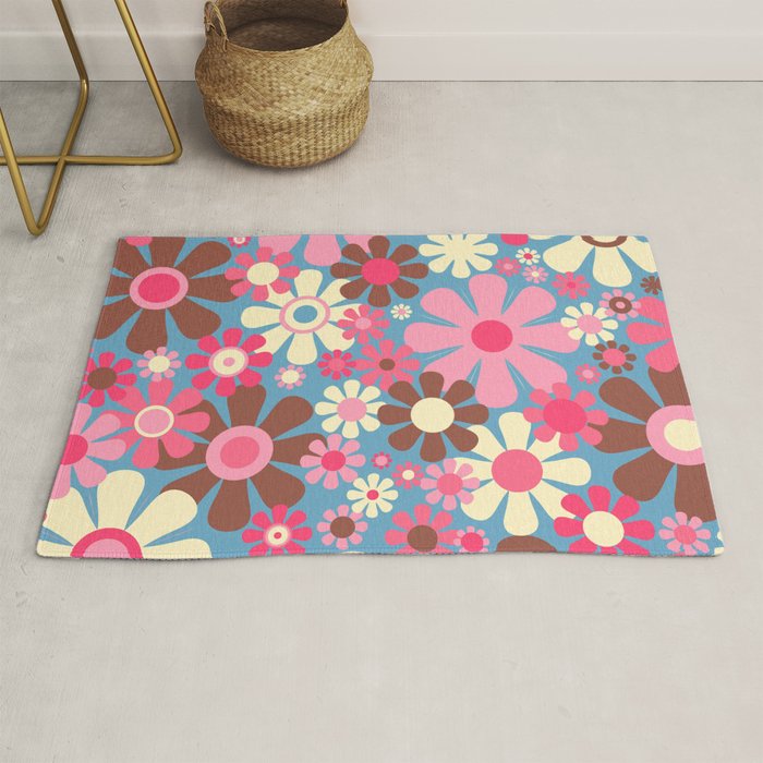 Groovy Retro Floral Garden 60s 70s Pattern in Cheerful Pink Brown and Blue Rug Gallery Image 1