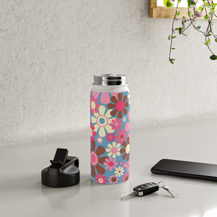 Groovy Retro Floral Garden 60s 70s Pattern in Cheerful Pink Brown and Blue Water Bottle Gallery Image 4