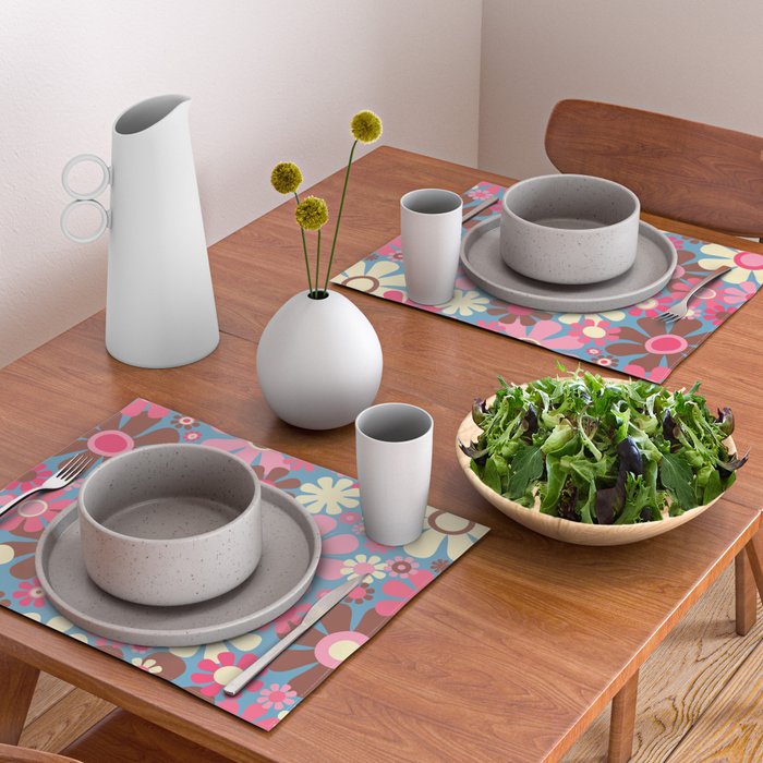 Groovy Retro Floral Garden 60s 70s Pattern in Cheerful Pink Brown and Blue Placemat Gallery Image 2