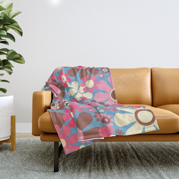 Groovy Retro Floral Garden 60s 70s Pattern in Cheerful Pink Brown and Blue Throw Blanket Gallery Image 1