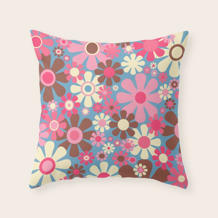 Groovy Retro Floral Garden 60s 70s Pattern in Cheerful Pink Brown and Blue Throw Pillow Gallery Image 1