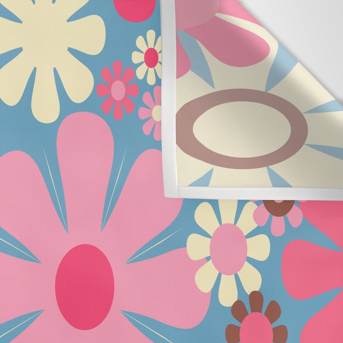 Groovy Retro Floral Garden 60s 70s Pattern in Cheerful Pink Brown and Blue Wall Tapestry Gallery Image 3