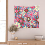 Groovy Retro Floral Garden 60s 70s Pattern in Cheerful Pink Brown and Blue Wall Tapestry Gallery Image 2