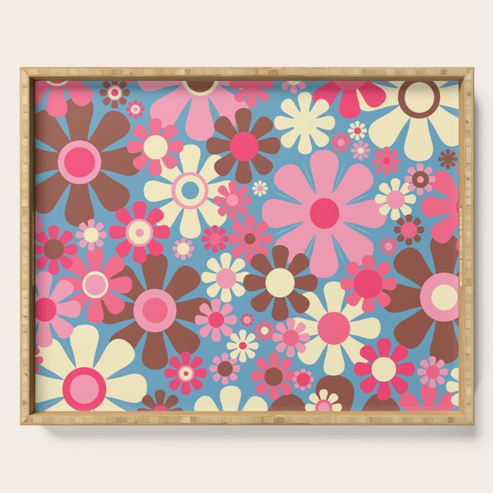 Groovy Retro Floral Garden 60s 70s Pattern in Cheerful Pink Brown and Blue Serving Tray Gallery Image 1