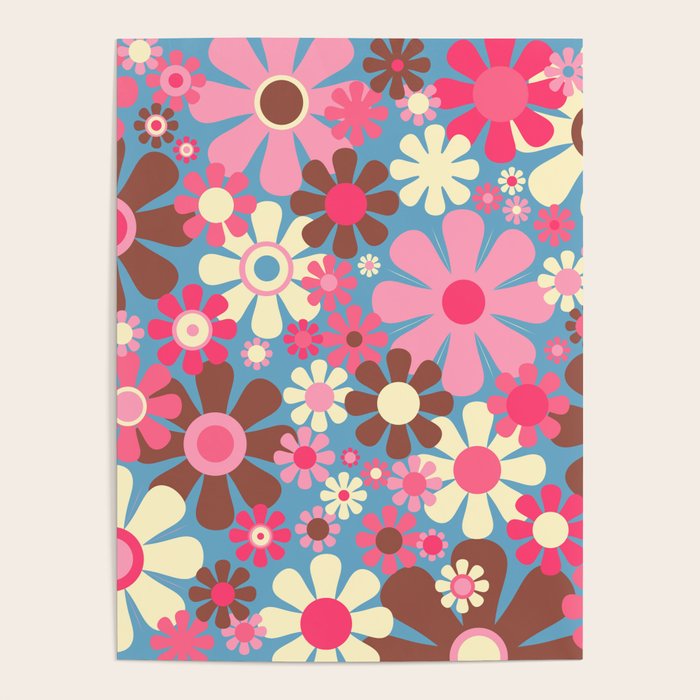 Groovy Retro Floral Garden 60s 70s Pattern in Cheerful Pink Brown and Blue Poster Gallery Image 4