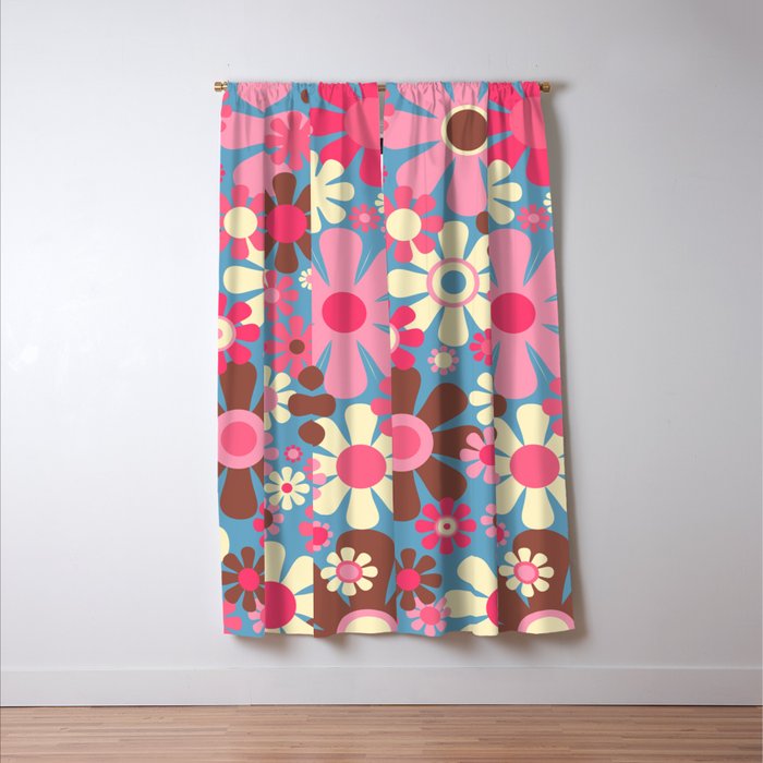 Groovy Retro Floral Garden 60s 70s Pattern in Cheerful Pink Brown and Blue Window Curtain Gallery Image 3