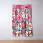 Groovy Retro Floral Garden 60s 70s Pattern in Cheerful Pink Brown and Blue Window Curtain Gallery Image 3