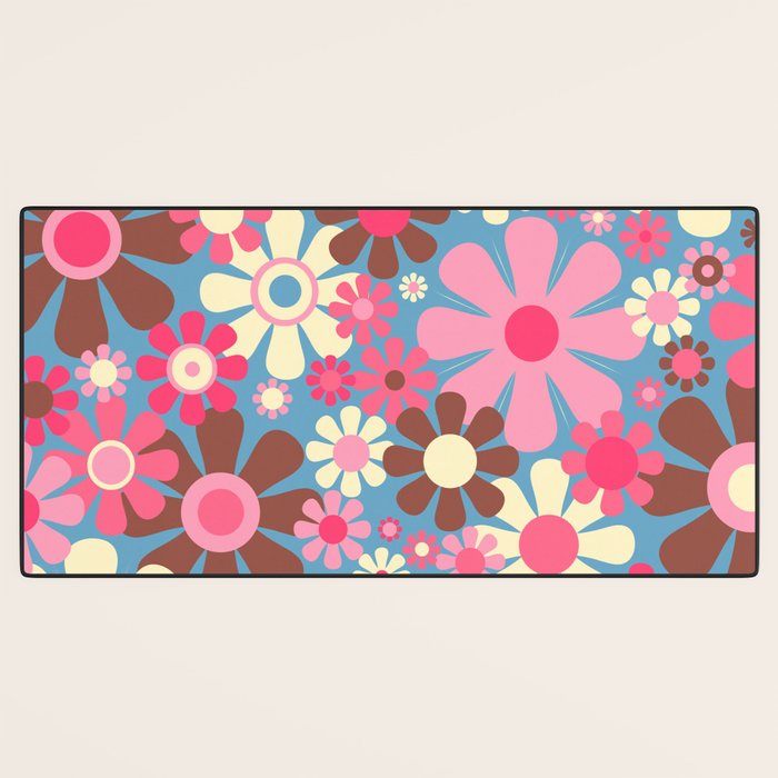 Groovy Retro Floral Garden 60s 70s Pattern in Cheerful Pink Brown and Blue Desk Mat Gallery Image 3