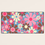 Groovy Retro Floral Garden 60s 70s Pattern in Cheerful Pink Brown and Blue Desk Mat Gallery Image 3