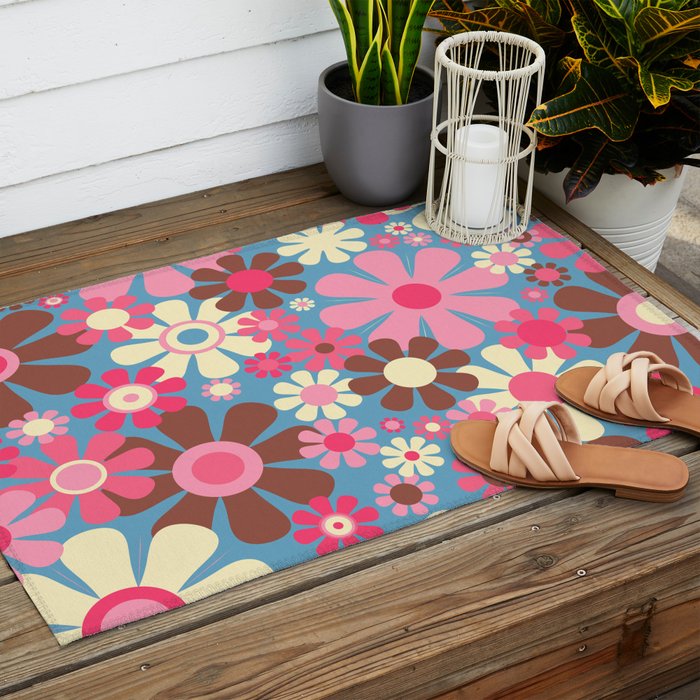 Groovy Retro Floral Garden 60s 70s Pattern in Cheerful Pink Brown and Blue Outdoor Rug Gallery Image 2