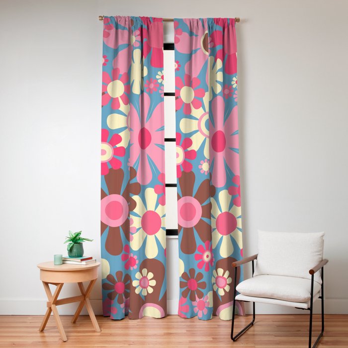 Groovy Retro Floral Garden 60s 70s Pattern in Cheerful Pink Brown and Blue Window Curtain Gallery Image 4