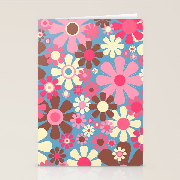 Groovy Retro Floral Garden 60s 70s Pattern in Cheerful Pink Brown and Blue Stationery Card Gallery Image 1