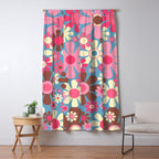 Groovy Retro Floral Garden 60s 70s Pattern in Cheerful Pink Brown and Blue Window Curtain Gallery Image 5