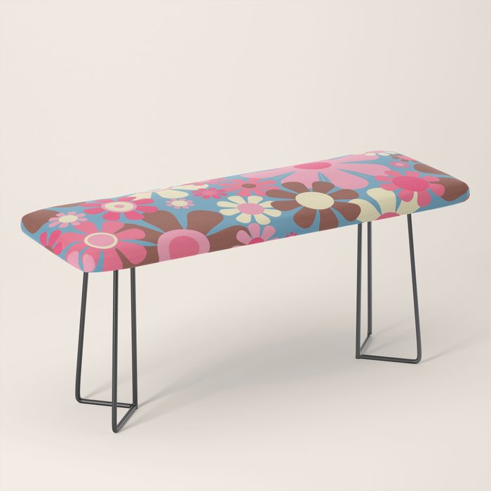Groovy Retro Floral Garden 60s 70s Pattern in Cheerful Pink Brown and Blue Bench Gallery Image 1
