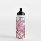 Groovy Retro Floral Garden 60s 70s Pattern in Cheerful Pink Brown and Blue Water Bottle Gallery Image 2