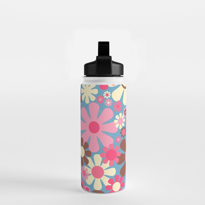 Groovy Retro Floral Garden 60s 70s Pattern in Cheerful Pink Brown and Blue Water Bottle Gallery Image 2