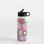Groovy Retro Floral Garden 60s 70s Pattern in Cheerful Pink Brown and Blue Water Bottle Gallery Image 1