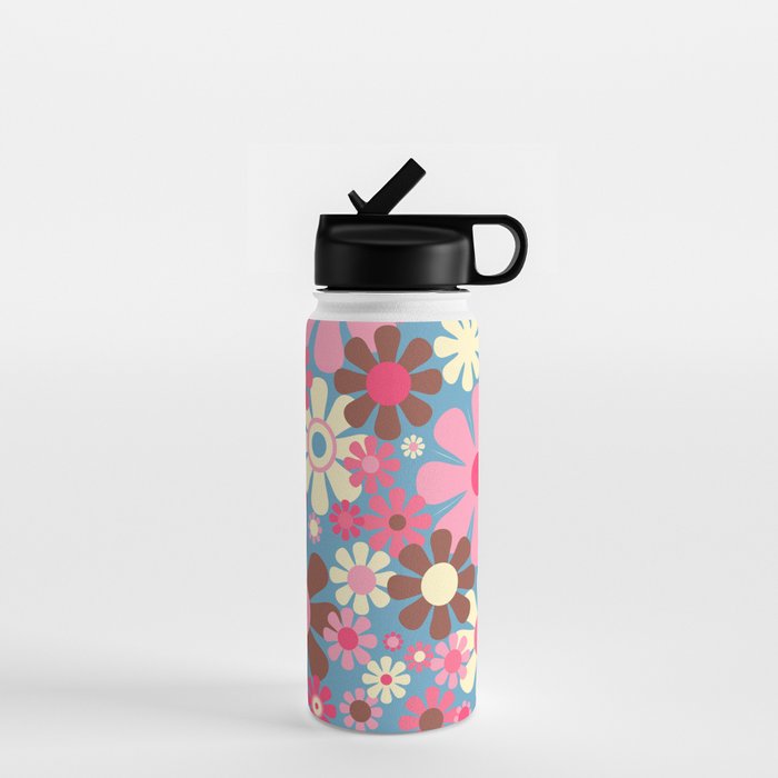 Groovy Retro Floral Garden 60s 70s Pattern in Cheerful Pink Brown and Blue Water Bottle Gallery Image 1