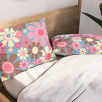 Groovy Retro Floral Garden 60s 70s Pattern in Cheerful Pink Brown and Blue Pillow Sham Gallery Image 2
