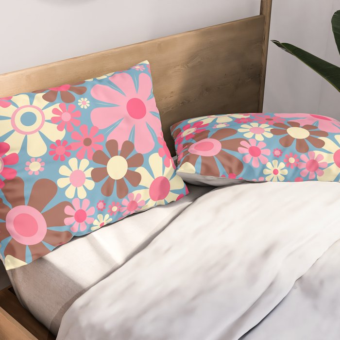 Groovy Retro Floral Garden 60s 70s Pattern in Cheerful Pink Brown and Blue Pillow Sham Gallery Image 2