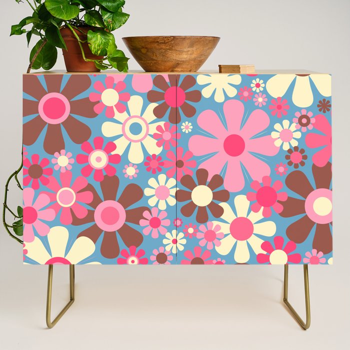 Groovy Retro Floral Garden 60s 70s Pattern in Cheerful Pink Brown and Blue Credenza Gallery Image 1