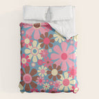 Groovy Retro Floral Garden 60s 70s Pattern in Cheerful Pink Brown and Blue Duvet Cover Gallery Image 6