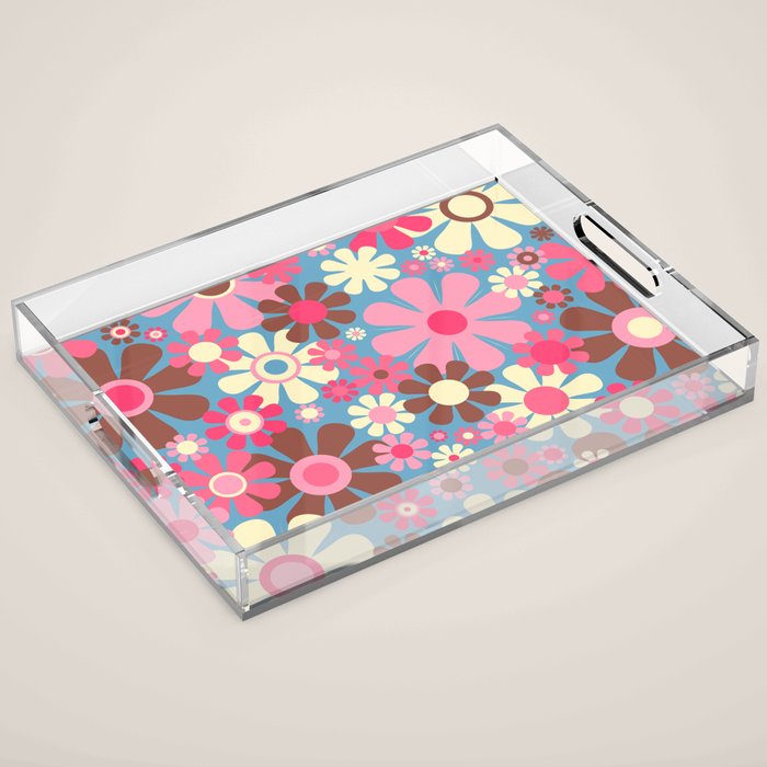 Groovy Retro Floral Garden 60s 70s Pattern in Cheerful Pink Brown and Blue Acrylic Tray Gallery Image 1