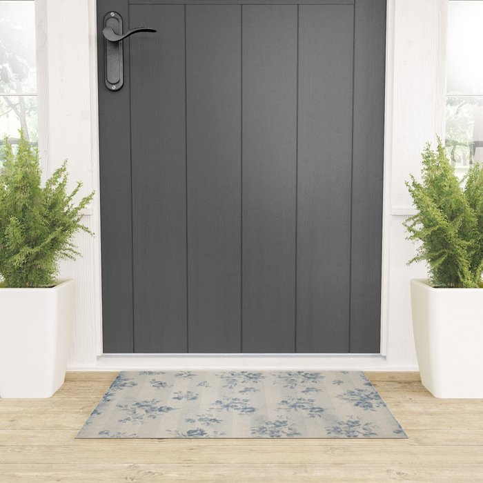Rustic vintage bohemian blue white stripes elegant floral Welcome Mat Gallery Image 3