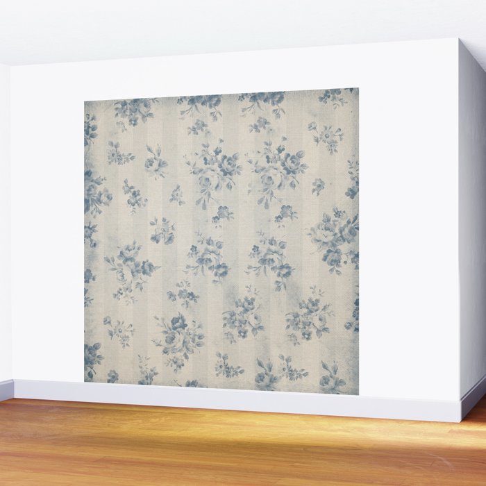 Rustic vintage bohemian blue white stripes elegant floral Wall Mural Gallery Image 2