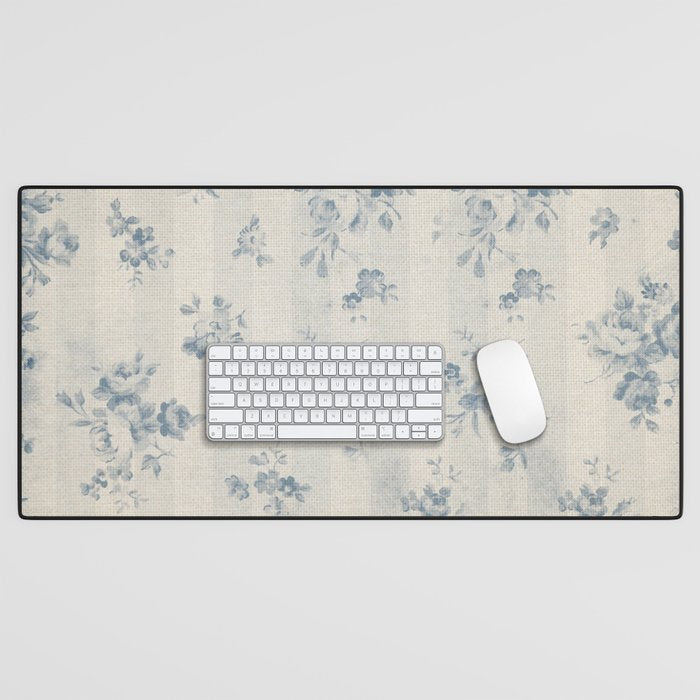 Rustic vintage bohemian blue white stripes elegant floral Desk Mat Gallery Image 1