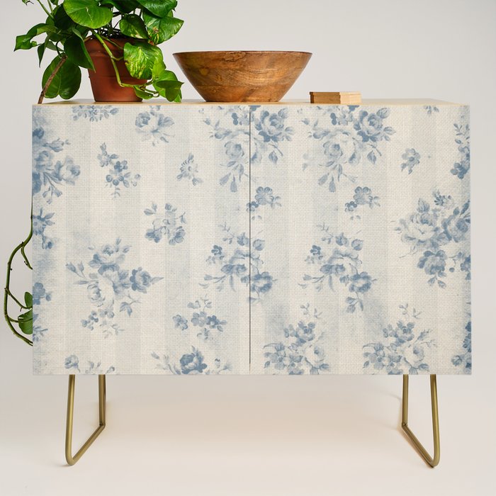 Rustic vintage bohemian blue white stripes elegant floral Credenza Gallery Image 1