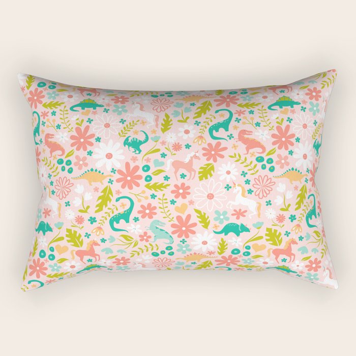 Dinosaurs + Unicorns in Pink + Teal Rectangular Pillow Gallery Image 1