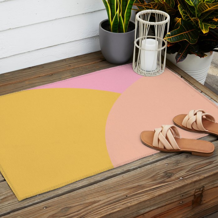 Soft Summer Pink and Mustard Minimalist Abstract Outdoor Rug Gallery Image 2