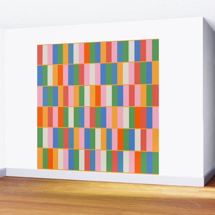 Long Blocks Colorful Retro Modern Geometric Checked Pattern 2 Pink Blue Orange Green Wall Mural Gallery Image 2